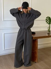 Livesso Women's Button Zipper Long Sleeve Jacket And Loose Pants 2 Pieces Set Lounge Sets For Women Travel Dark Grey Autumn Casual Everyday - Dark Grey - View 5