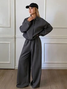 Livesso Women's Button Zipper Long Sleeve Jacket And Loose Pants 2 Pieces Set Lounge Sets For Women Travel Dark Grey Autumn Casual Everyday - Dark Grey - View 4