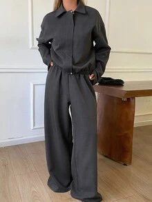 Livesso Women's Button Zipper Long Sleeve Jacket And Loose Pants 2 Pieces Set Lounge Sets For Women Travel Dark Grey Autumn Casual Everyday - Dark Grey - View 3