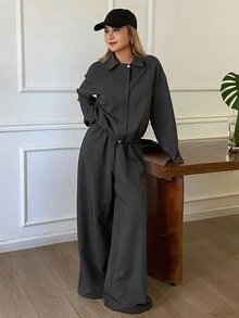 Livesso Women's Button Zipper Long Sleeve Jacket And Loose Pants 2 Pieces Set Lounge Sets For Women Travel Dark Grey Autumn Casual Everyday - Dark Grey - View 1