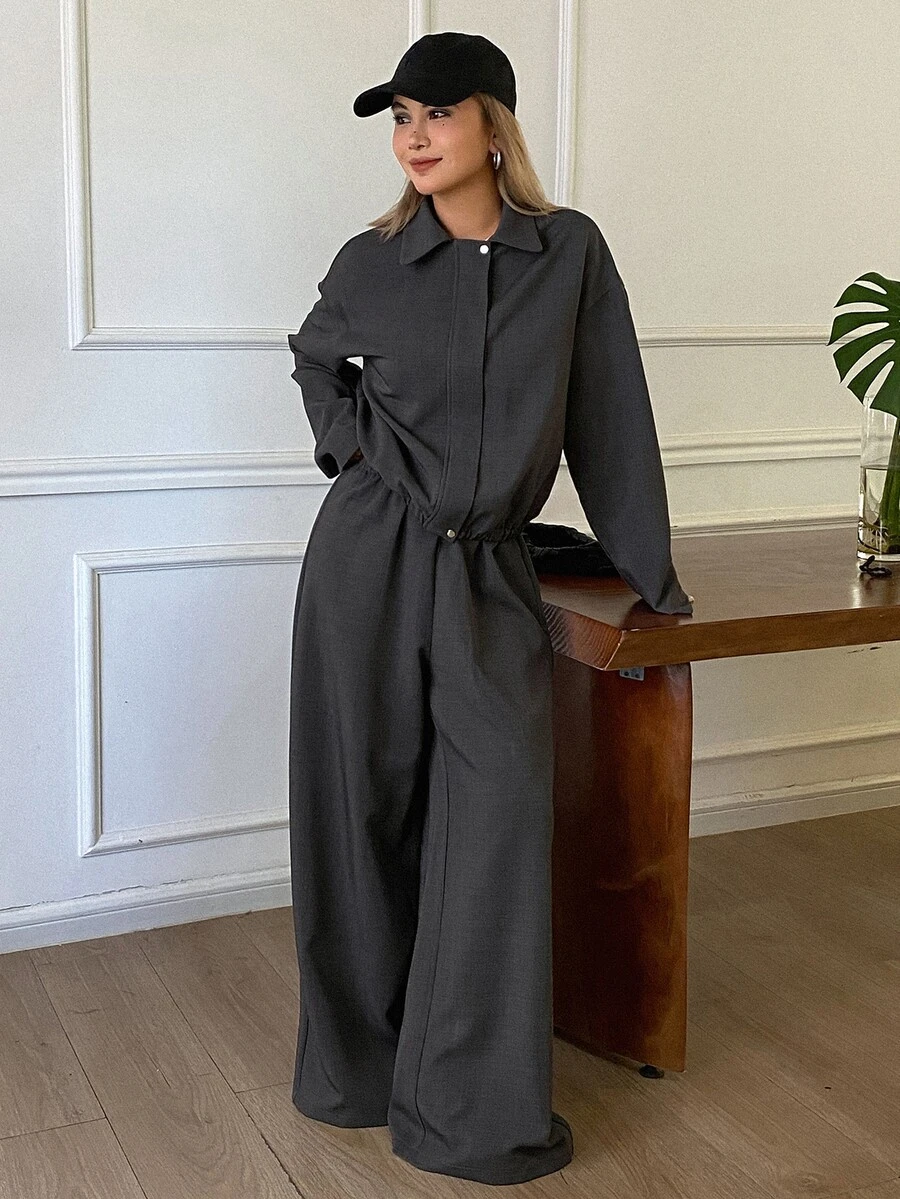 Livesso Women's Button Zipper Long Sleeve Jacket And Loose Pants 2 Pieces Set Lounge Sets For Women Travel Dark Grey Autumn Casual Everyday - Dark Grey - View 1