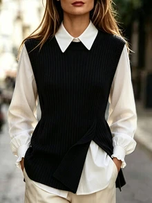 LUMIGAL Fall Clothes FOR WomenWomen's 2 In 1 Long Sleeve Casual Loose Shirt - Black and White - View 4