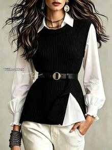 LUMIGAL Fall Clothes FOR WomenWomen's 2 In 1 Long Sleeve Casual Loose Shirt - Black and White - View 3