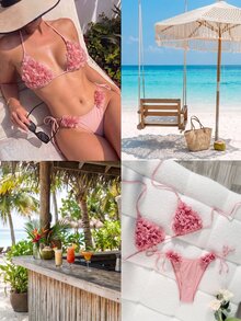 Swim Mod 夏季两件套女士简约优雅露背花卉装饰休闲度假风格细肩带比基尼 - 粉色 - 查看 2