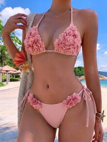 Swim Mod 夏季两件套女士简约优雅露背花卉装饰休闲度假风格细肩带比基尼 - 粉色 - 查看 4