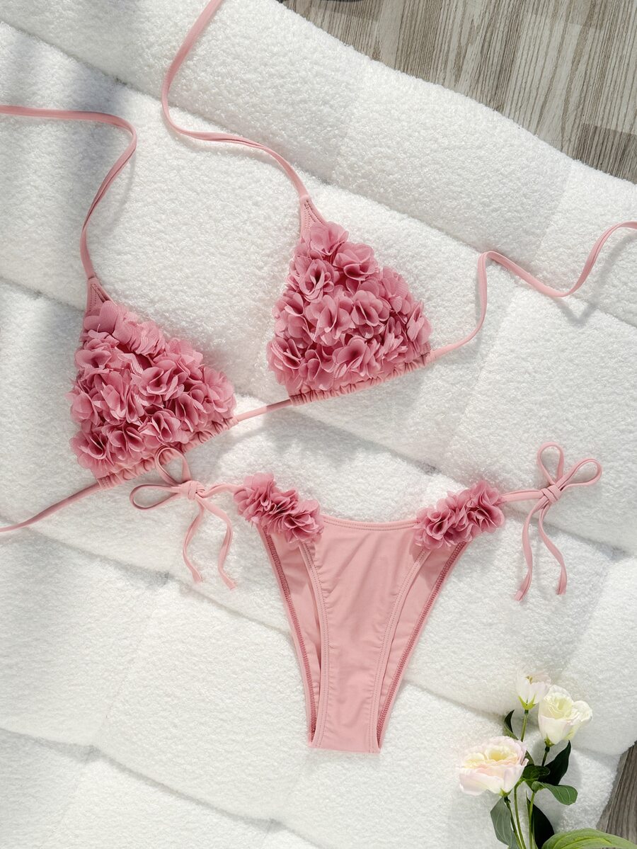 Swim Mod Summer 2pcs/Set Women Simple Elegant Halter Floral Decor Leisure Holiday Style Spaghetti Strap Bikini - Pink - View 1