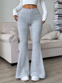 SHEIN Raffinéa Women's Fashion Elegant Basic Casual Knitted Brushed Ribbed Leggings, Elegant Commute Leggings Lounge Light Grey Summer - Grey - View 8