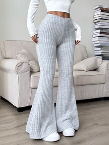 SHEIN Raffinéa Women's Fashion Elegant Basic Casual Knitted Brushed Ribbed Leggings, Elegant Commute Leggings Lounge Light Grey Summer - Grey - View 7