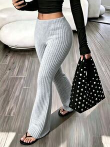 SHEIN Raffinéa Women's Fashion Elegant Basic Casual Knitted Brushed Ribbed Leggings, Elegant Commute Leggings Lounge Light Grey Summer - Grey - View 4