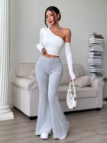 SHEIN Raffinéa Women's Fashion Elegant Basic Casual Knitted Brushed Ribbed Leggings, Elegant Commute Leggings Lounge Light Grey Summer - Grey - View 3