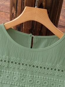 EMERY ROSE Hollow Floral Lace Splicing Textured Viscose Blend H-Line Drop Shoulder Sleeve Women's Dress - Green - View 6