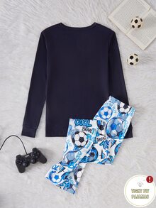 1套男童長袖上衣與長褲修身睡衣居家服套裝，新款遊戲機、英文字母、耳機與酷炫圖案印花，適合大男孩 - 彩色 - 查看 2