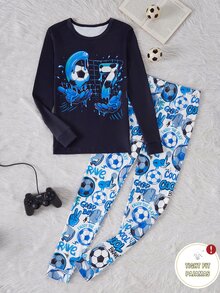 1套男童長袖上衣與長褲修身睡衣居家服套裝，新款遊戲機、英文字母、耳機與酷炫圖案印花，適合大男孩 - 彩色 - 查看 3