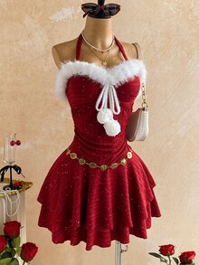 Soleia 女款拼接人造毛皮前綁帶掛脖迷你洋裝 - 酒紅色 - 查看 3