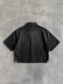 Manfinity RebelGame Men's Casual Rhinestone Rapper Athleisure Grunge Washed Denim Shirt Streetwear Y2K ,Back To School - Black - View 2