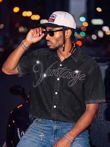 Manfinity RebelGame Men's Casual Rhinestone Rapper Athleisure Grunge Washed Denim Shirt Streetwear Y2K ,Back To School - Black - View 6
