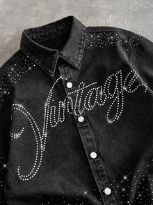 Manfinity RebelGame Men's Casual Rhinestone Rapper Athleisure Grunge Washed Denim Shirt Streetwear Y2K ,Back To School - Black - View 3