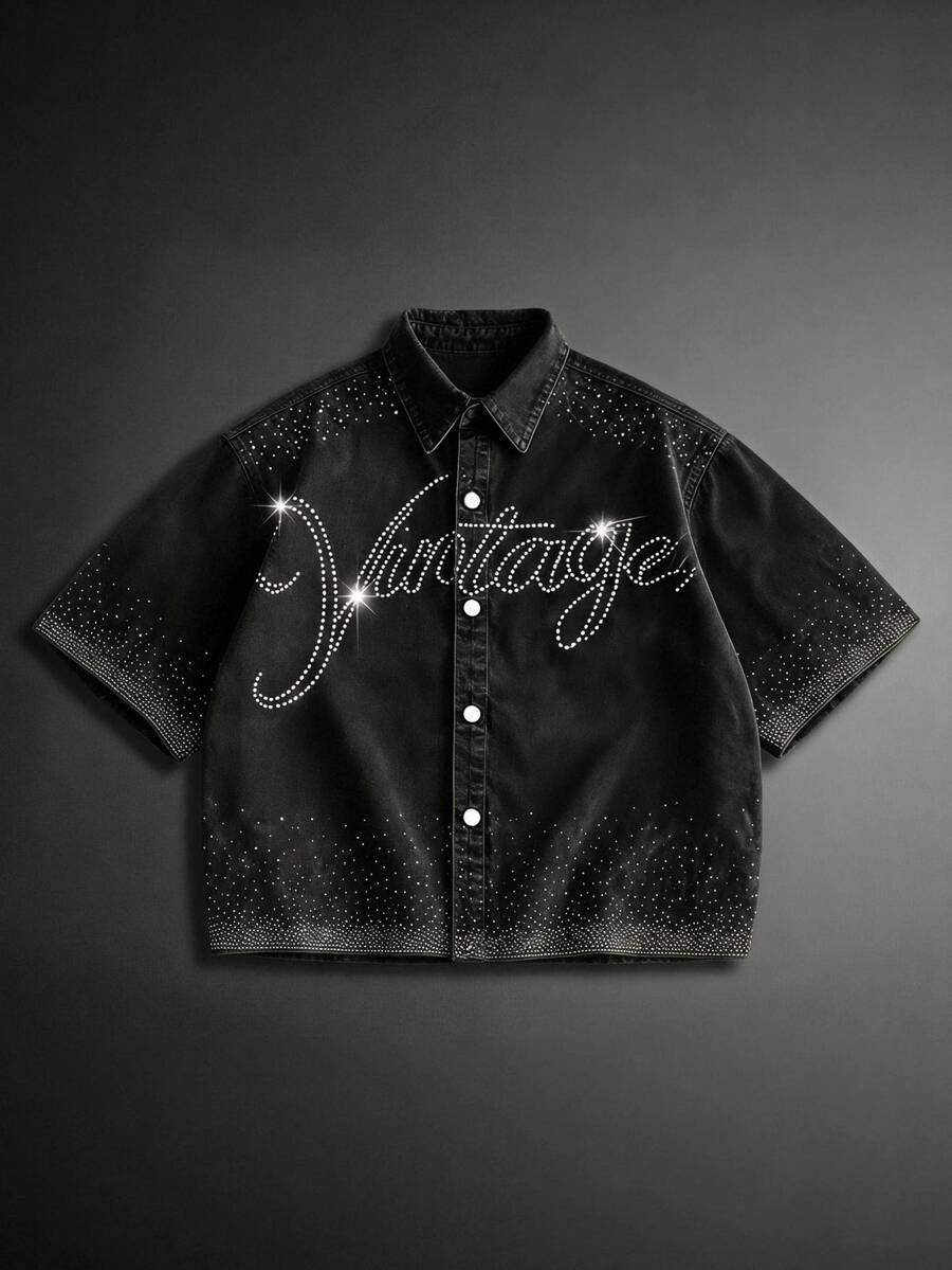 Manfinity RebelGame Men's Casual Rhinestone Rapper Athleisure Grunge Washed Denim Shirt Streetwear Y2K ,Back To School - Black - View 1