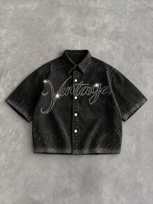 Manfinity RebelGame Men's Casual Rhinestone Rapper Athleisure Grunge Washed Denim Shirt Streetwear Y2K ,Back To School - Black - View 5