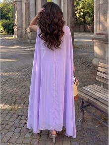 Modelyn Women's Rhinestone Floral Decor Cape Sleeve Elegant Ball Gown Wedding Dinner Evening Rehearsal Dinner Fuchsia Pink Winter - Purple - View 4