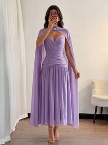 Modelyn Women's Rhinestone Floral Decor Cape Sleeve Elegant Ball Gown Wedding Dinner Evening Rehearsal Dinner Fuchsia Pink Winter - Purple - View 3
