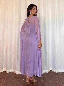Modelyn Women's Rhinestone Floral Decor Cape Sleeve Elegant Ball Gown Wedding Dinner Evening Rehearsal Dinner Fuchsia Pink Winter - Purple - View 5