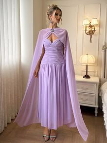 Modelyn Women's Rhinestone Floral Decor Cape Sleeve Elegant Ball Gown Wedding Dinner Evening Rehearsal Dinner Fuchsia Pink Winter - Purple - View 6