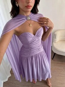 Modelyn Women's Rhinestone Floral Decor Cape Sleeve Elegant Ball Gown Wedding Dinner Evening Rehearsal Dinner Fuchsia Pink Winter - Purple - View 2