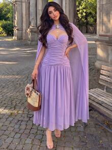 Modelyn Women's Rhinestone Floral Decor Cape Sleeve Elegant Ball Gown Wedding Dinner Evening Rehearsal Dinner Fuchsia Pink Winter - Purple - View 1