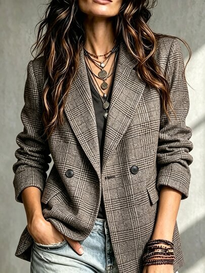 Holdful Holdful Women's Houndstooth Lapel NeckLong Sleeve Casual Regular Fit Jacket