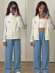 SHEIN 兒童青少年女孩休閒新款秋冬時尚杏色與藍色拼接條紋長袖拉鍊外套與長褲2件套 開學季秋冬服飾開襟外套套裝 - 杏色 - 查看 6