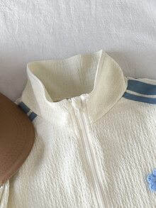 SHEIN 兒童青少年女孩休閒新款秋冬時尚杏色與藍色拼接條紋長袖拉鍊外套與長褲2件套 開學季秋冬服飾開襟外套套裝 - 杏色 - 查看 3