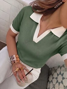 SHEIN Franclia 女款春夏拼色休閒學院風 Polo 領短袖修身針織上衣，優雅百搭綠色與白色條紋早午餐風 - 墨綠色 - 查看 1
