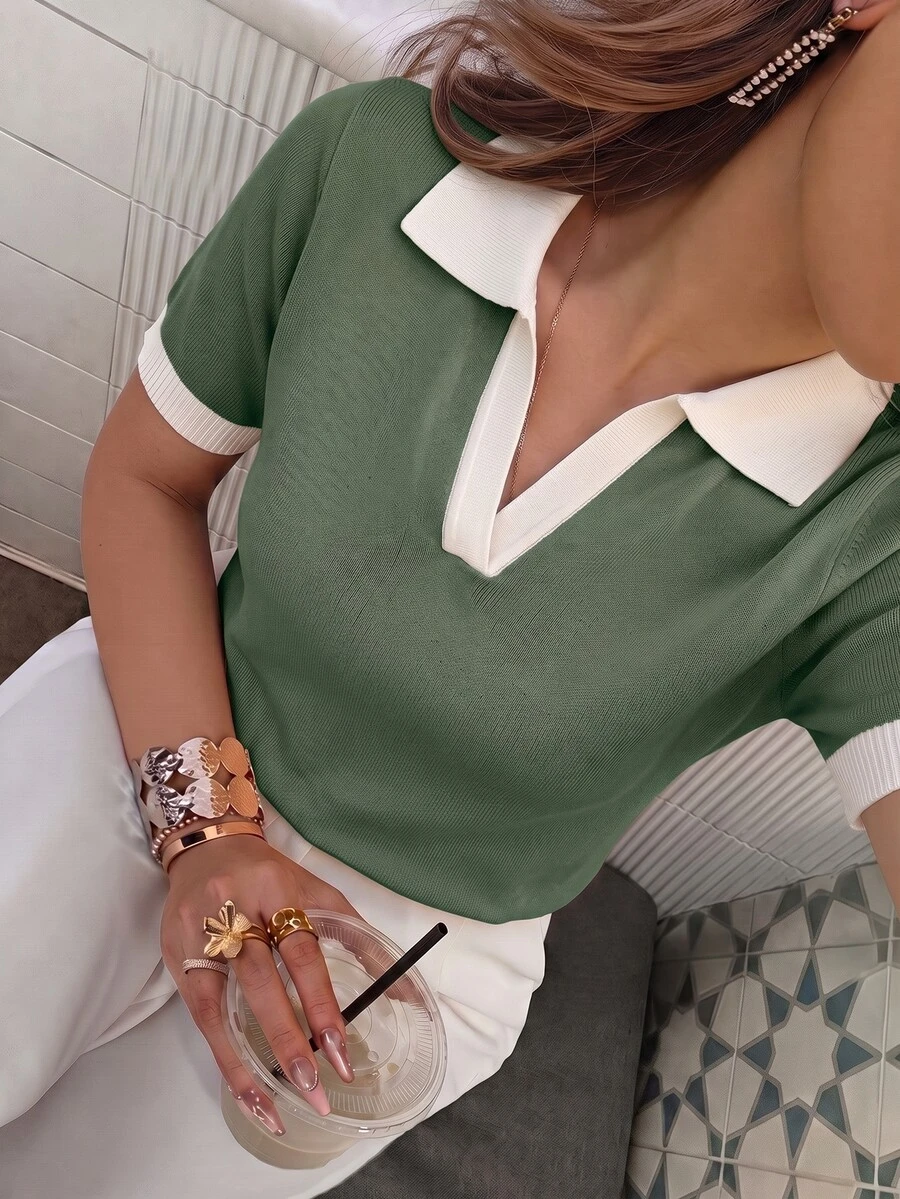 SHEIN Franclia 女款春夏拼色休閒學院風 Polo 領短袖修身針織上衣,優雅百搭綠色與白色條紋早午餐風 - 墨綠色 - 查看 1