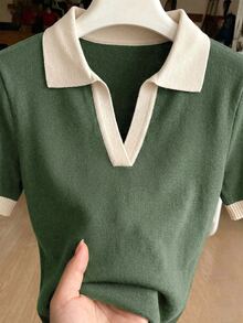 SHEIN Franclia 女款春夏拼色休閒學院風 Polo 領短袖修身針織上衣，優雅百搭綠色與白色條紋早午餐風 - 墨綠色 - 查看 5