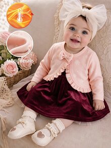 SHEIN Elladie kids 女嬰可愛優雅蝴蝶結裝飾荷葉邊紋理短版開襟外套，淡粉色長袖短版針織開襟外套，適合秋冬季節 - 粉色 - 查看 4