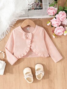 SHEIN Elladie kids 女嬰可愛優雅蝴蝶結裝飾荷葉邊紋理短版開襟外套，淡粉色長袖短版針織開襟外套，適合秋冬季節 - 粉色 - 查看 8