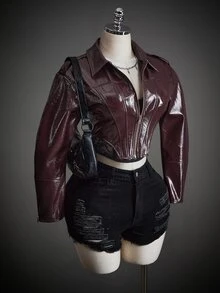 SHEIN ICON Women's Sexy Streetwear Fashion Cropped Zipper PU Material Jacket Night Out Going Out Burgundy Autumn - Burgundy - View 7