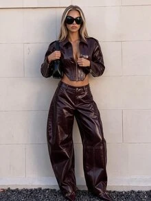 SHEIN ICON Women's Sexy Streetwear Fashion Cropped Zipper PU Material Jacket Night Out Going Out Burgundy Autumn - Burgundy - View 5