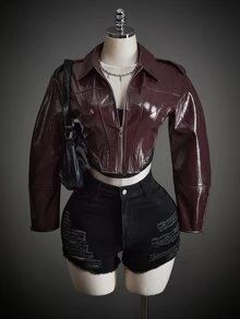 SHEIN ICON Women's Sexy Streetwear Fashion Cropped Zipper PU Material Jacket Night Out Going Out Burgundy Autumn - Burgundy - View 6