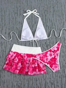 Bellisia 女士夏季海滩音乐节花朵图案裙式露背休闲度假风比基尼三件套 - 彩色 - 查看 2