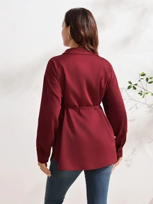 SHEIN بلوزة أنيقة للحوامل بلون موحد وأكمام طويلة، كاجوال للربيع/الخريف، مناسبة لجلسات التصوير الخريفية والمكتب والرسميات، باللون البرغندي للشتاء - الأحمر - مشاهدة 2