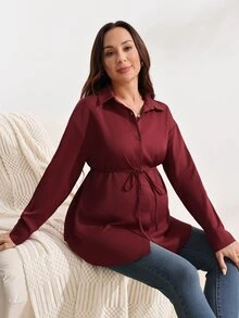 SHEIN بلوزة أنيقة للحوامل بلون موحد وأكمام طويلة، كاجوال للربيع/الخريف، مناسبة لجلسات التصوير الخريفية والمكتب والرسميات، باللون البرغندي للشتاء - الأحمر - مشاهدة 7