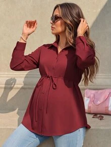 SHEIN بلوزة أنيقة للحوامل بلون موحد وأكمام طويلة، كاجوال للربيع/الخريف، مناسبة لجلسات التصوير الخريفية والمكتب والرسميات، باللون البرغندي للشتاء - الأحمر - مشاهدة 1