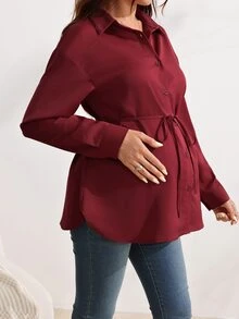 SHEIN بلوزة أنيقة للحوامل بلون موحد وأكمام طويلة، كاجوال للربيع/الخريف، مناسبة لجلسات التصوير الخريفية والمكتب والرسميات، باللون البرغندي للشتاء - الأحمر - مشاهدة 3
