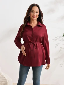 SHEIN بلوزة أنيقة للحوامل بلون موحد وأكمام طويلة، كاجوال للربيع/الخريف، مناسبة لجلسات التصوير الخريفية والمكتب والرسميات، باللون البرغندي للشتاء - الأحمر - مشاهدة 4