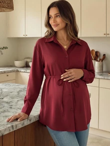 SHEIN بلوزة أنيقة للحوامل بلون موحد وأكمام طويلة، كاجوال للربيع/الخريف، مناسبة لجلسات التصوير الخريفية والمكتب والرسميات، باللون البرغندي للشتاء - الأحمر - مشاهدة 10