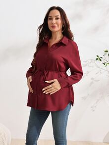 SHEIN بلوزة أنيقة للحوامل بلون موحد وأكمام طويلة، كاجوال للربيع/الخريف، مناسبة لجلسات التصوير الخريفية والمكتب والرسميات، باللون البرغندي للشتاء - الأحمر - مشاهدة 9
