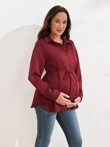 SHEIN بلوزة أنيقة للحوامل بلون موحد وأكمام طويلة، كاجوال للربيع/الخريف، مناسبة لجلسات التصوير الخريفية والمكتب والرسميات، باللون البرغندي للشتاء - الأحمر - مشاهدة 5
