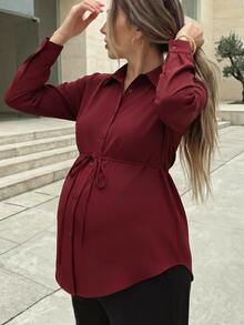 SHEIN بلوزة أنيقة للحوامل بلون موحد وأكمام طويلة، كاجوال للربيع/الخريف، مناسبة لجلسات التصوير الخريفية والمكتب والرسميات، باللون البرغندي للشتاء - الأحمر - مشاهدة 8